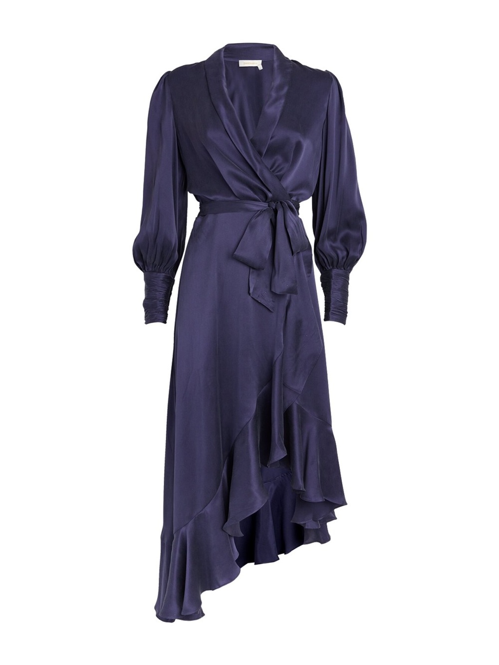 NWOT Zimmermann Deep Navy Satin Wrap Midi Dress with Ruffle Hem